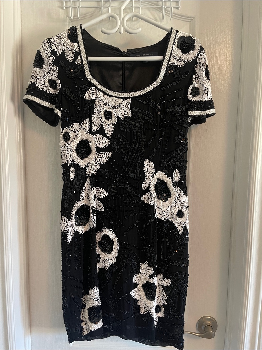 French Connection Black & White Sequin Floral Mini Dress